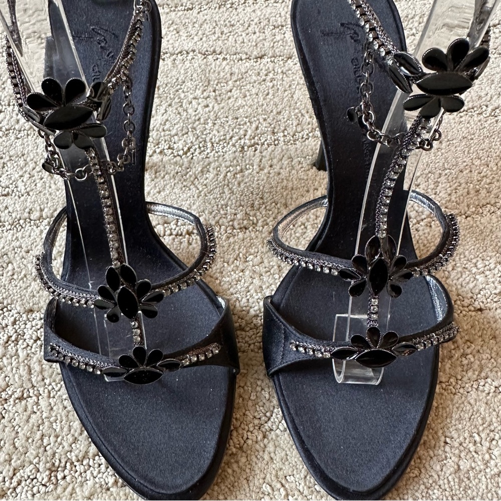 Giuseppe Zanotti Black Satin Rhinestone Enamel Anklet Heel Sandals IT 38.5 NIB - Picture 7 of 17